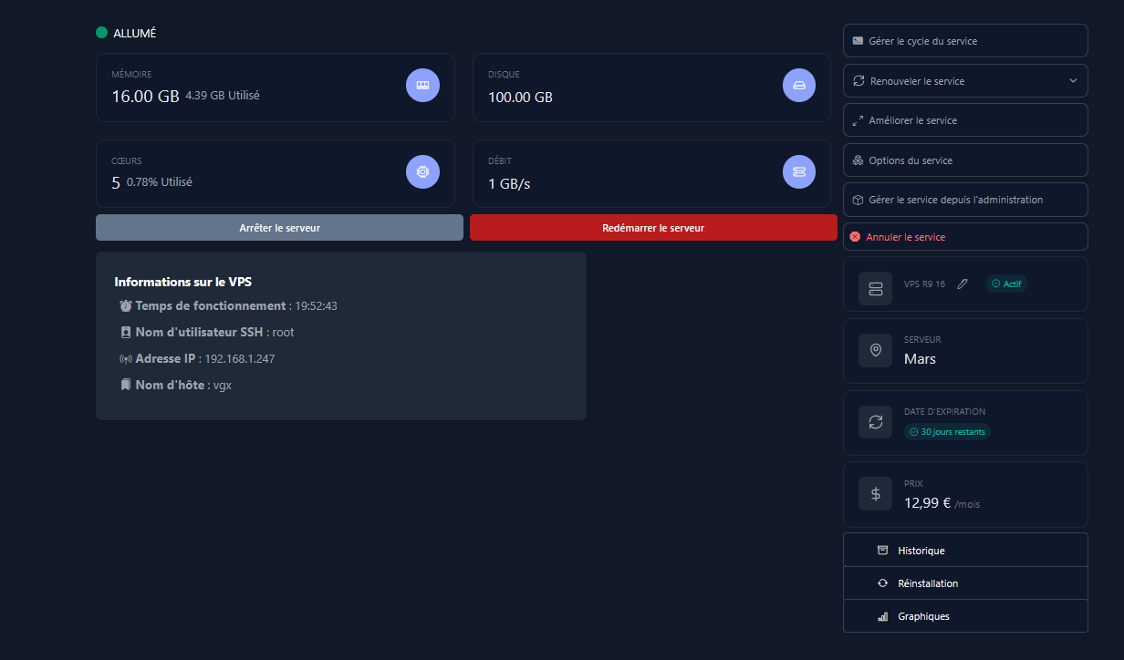 Interface de gestion VPS